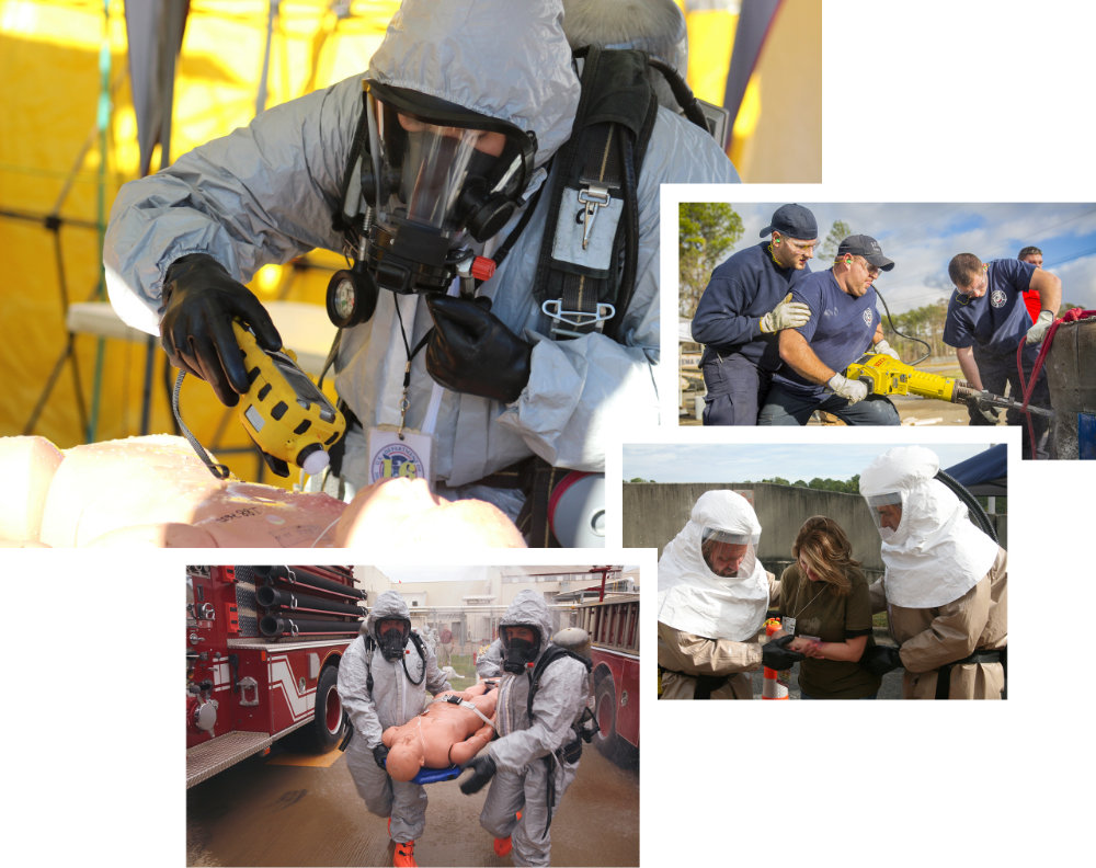 A collage of students enganging in hands-on training at the Center for Domestic Preparedness.