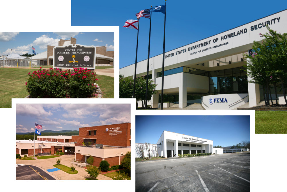 The Center for Domestic Preparedness Building (top right), Noble Training Building (bottom left), Cobra Training Building (center left), and the Advanced Responder Training Complex (bottom center)