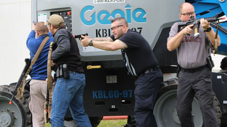 A group of law enforcement officers take up positions against an active shooter during the Integrated Capstone Event conducted as part of the CDP’s Complex Coordinated Attack Theme Week. The week brought together law enforcement, hazardous materials, healthcare and emergency management specialists a
