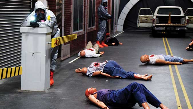 Students in the Law Enforcement Response Actions for CBRNE Incidents respond to an incident during the Integrated Capstone Event in the CDP’s Advanced Responder Training Complex.