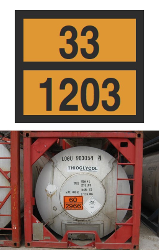 Two orange rectangles on top of one another, containing the numbers 33 on the top and 1203 on the bottom in black, with a black border. Underneath that an image of a large cylindrical container with a metal framework around it, and orange rectangle markings on the end. The numbers 60 on top and 2966 on the bottom in black.