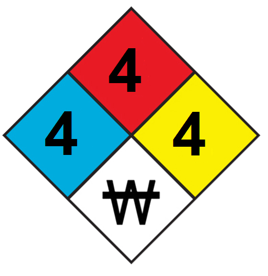 Diamond shaped placard divided into four quadrants top quadrant is red with number 4, left quadrant is blue with number 4, right quadrant is yellow with number 4, and bottom quadrant is white with a stroke through W.