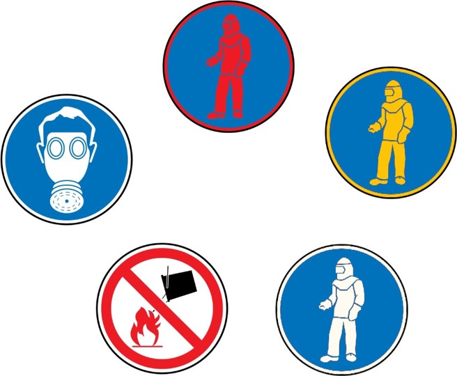 Five circles aranged in a star.  Clockwise from left- Blue circle with characature of a man in a gas mask.  Blue circle with red outline and red colored person in protective hood.  Blue circle with yellow border and yellow colored person in protective hood.  Blue circle with white outline and white colored person in protective hood.  Red circle with slash through with bucket and fire representations.  