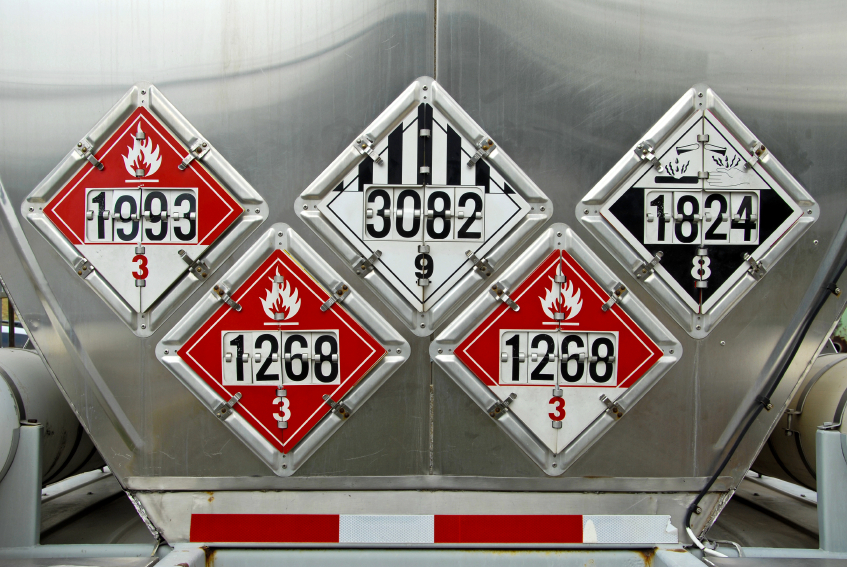 Image showing the rear of a tanker trailer displaying five hazardous material placards. From the left a red diamond placard with a white flame at the top, the numbers 1993 in the middle, underneath that the number 3. Next to that is another red diamond placard with a white flame at the top, the numbers 1268 in the middle, underneath that the number 3. In the middle, white diamond placard with a white and black vertical stripes on the upper half, a solid white bottom half, the numbers 3082 in the middle, underneath that the number 9. Beside that placard, a red diamond placard with a white flame at the top, the numbers 1268 in the middle, underneath that the number 3. Lastly, a two tone diamond placard, white on top with a black bottom half, with illustrations of containers spilling a liquid onto a flat surface and onto a hand at the top, the numbers 1824 in the middle, underneath that the number 8.