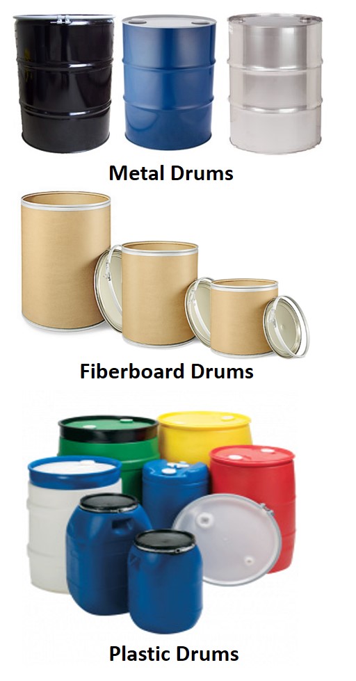 The image is a collage of several differnet types of storage drums.  The top set of drums are black, blue and unplainted metal drums.  The middle image is of assorted sizes of cardboard drums.  The bottom image is of several different sizes, configurations and colors of plastic drums.