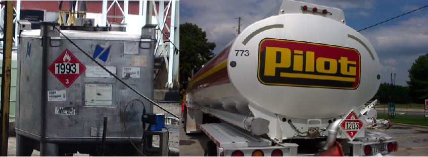 Two images side by side. The image on the left is a large silver cube-shaped container with a red diamond placard in the upper left corner, a white flame on top, 1993 in black in a white box in the middle and a white number three at the bottom. The image on the right is the rear of a tanker trailer with the word Pilot written in large letters in yellow across the back. Below that is a red diamond placard with white flames at the top, black numbers 1203 in a white box in the middle and a white three at the bottom.