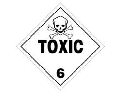 A white diamond placard with a black skull and crossbones at the top, the word toxic in the middle, underneath that the number 6.