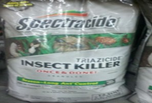 Image of a large gray plastic bag. At the top is the word Spectracide, images of insects and below that the words Triazicide Insect Killer written in black letters.
