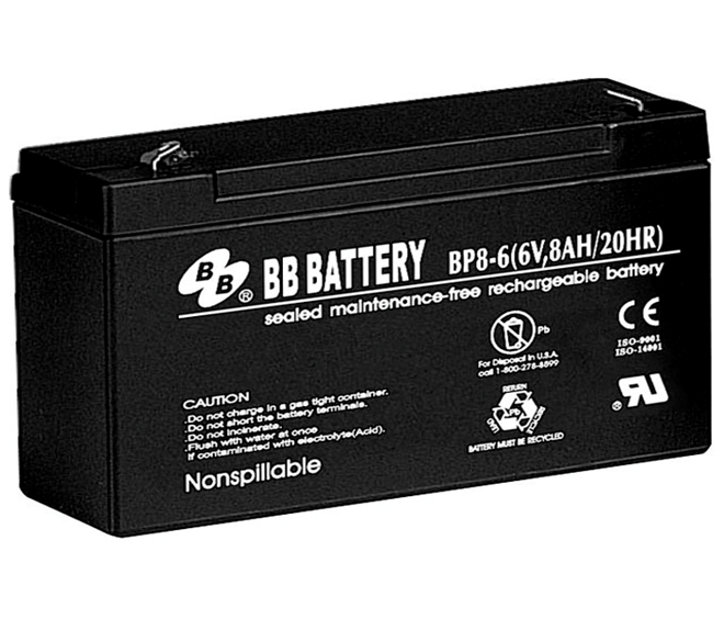 Image of a large black rectangular battery on a white background. On the top are two silver connectors. On the front in white lettering are the words BB Battery, BP8-6, underneath that the words sealed maintenance-free rechargeable battery.