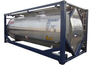 Image of an intermodal pressure tank, a horizontal cylinder inside a blue metallic, rectangular frame.