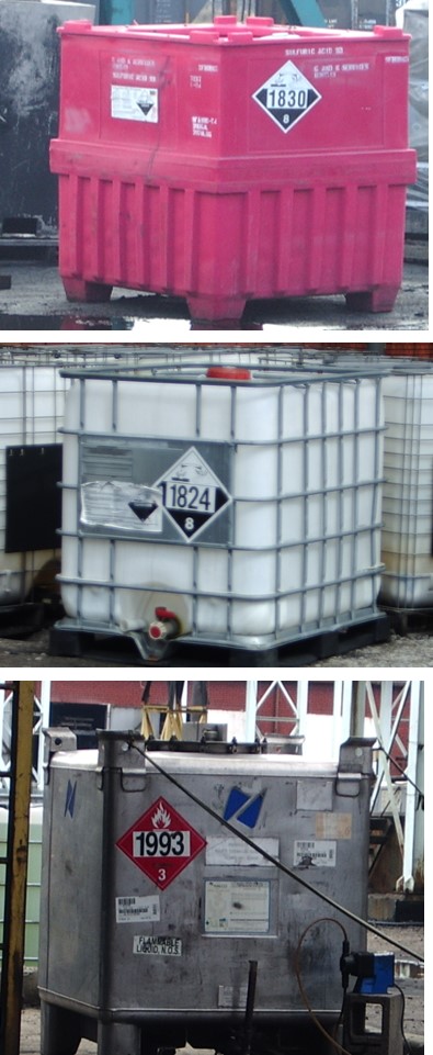 Stack of three images of bulk containers.  Top is red containers with 1830 Hazard Class 8 marking in black and white.  Middle is a white plastic containers enclosed in metal wire with 1824 Hazard Class 8 marking. Bottom image is of a metal bulk container with Hazard Class 3 marking 1993.  