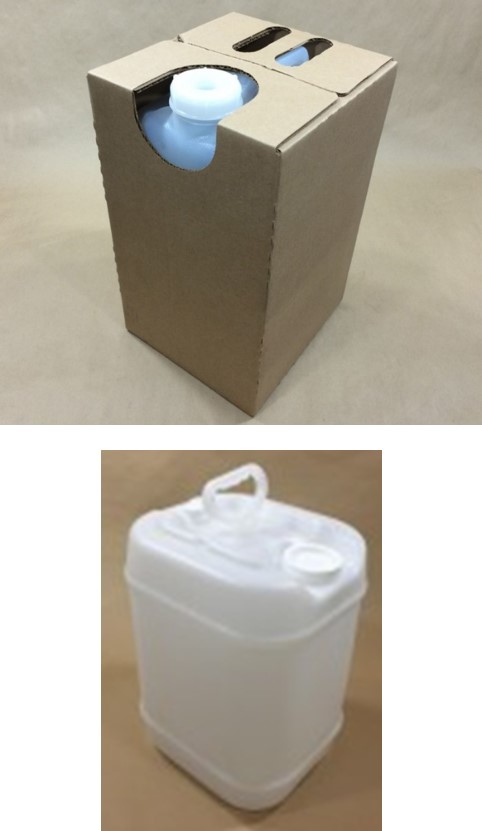 Top image is of a carboy in a cardboard packageing box.  The bottom image is of a plastic carboy by itself.  