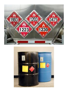 Image of the rear of a silver tanker trailer, with five red diamond placards. Underneath, an image of two barrel sitting side by side. The left barrel is black metal, the right barrel is blue plastic. Both have a red diamond placard affixed to them.