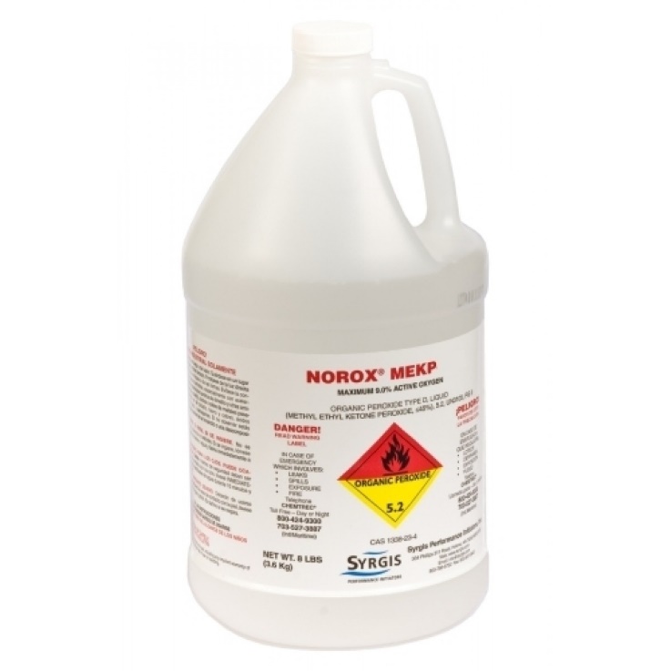Clear plastic jug with a white cap and a white label with black and red text. In the top middle of the label in red type are the words “NOROX KEKP.”  Underneath that an organic peroxide hazmat placard:
