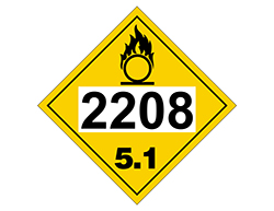 A yellow diamond placard with a black flame around a circle above a horizontal line at the top, a white rectangle with black numbers of 2208 in the middle, underneath that the number 5.1.