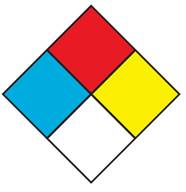 NFPA 704 label. diamond divided into four quadrants, top quadrant is red, left quadrant is blue, right quadrant is yellow, and bottom quadrant is white