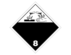 A two tone diamond placard, white on top with a black bottom half, with illustrations of containers dripping a liquid and eroding into a flat surface on the left and dripping and eroding into a hand on the right at the top, both of which have wavy lines extending outward from where the drops make contact with the surface and the hand, and at the bottom is a white number 8.