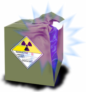 Damaged package with radioactive Yellow-II label.